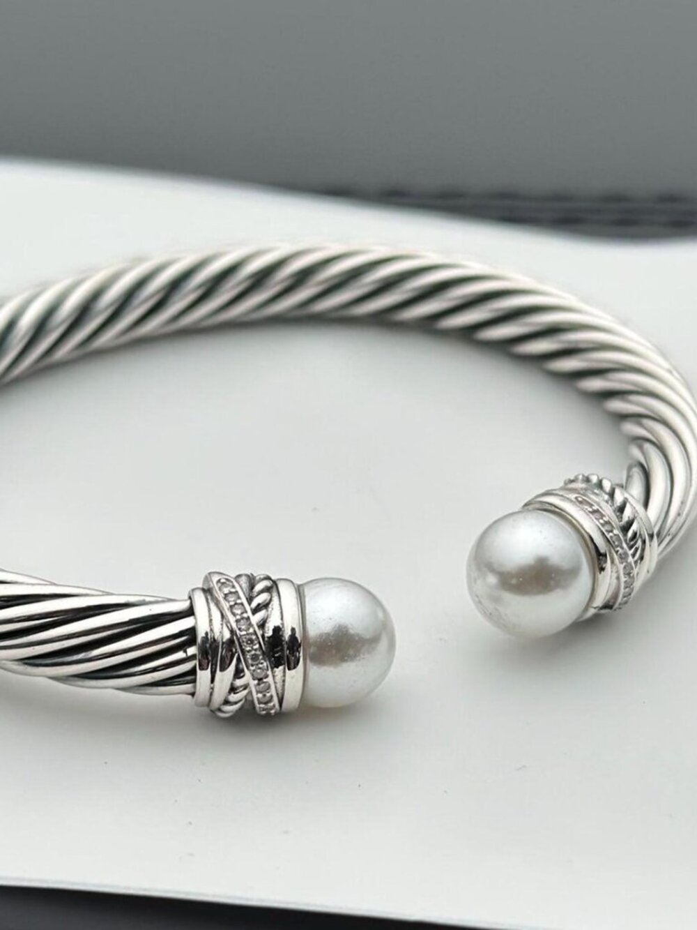 David Yurman Pearl & Diamond Cable Crossover Cuff Bracelet, 7mm Sterling Silver